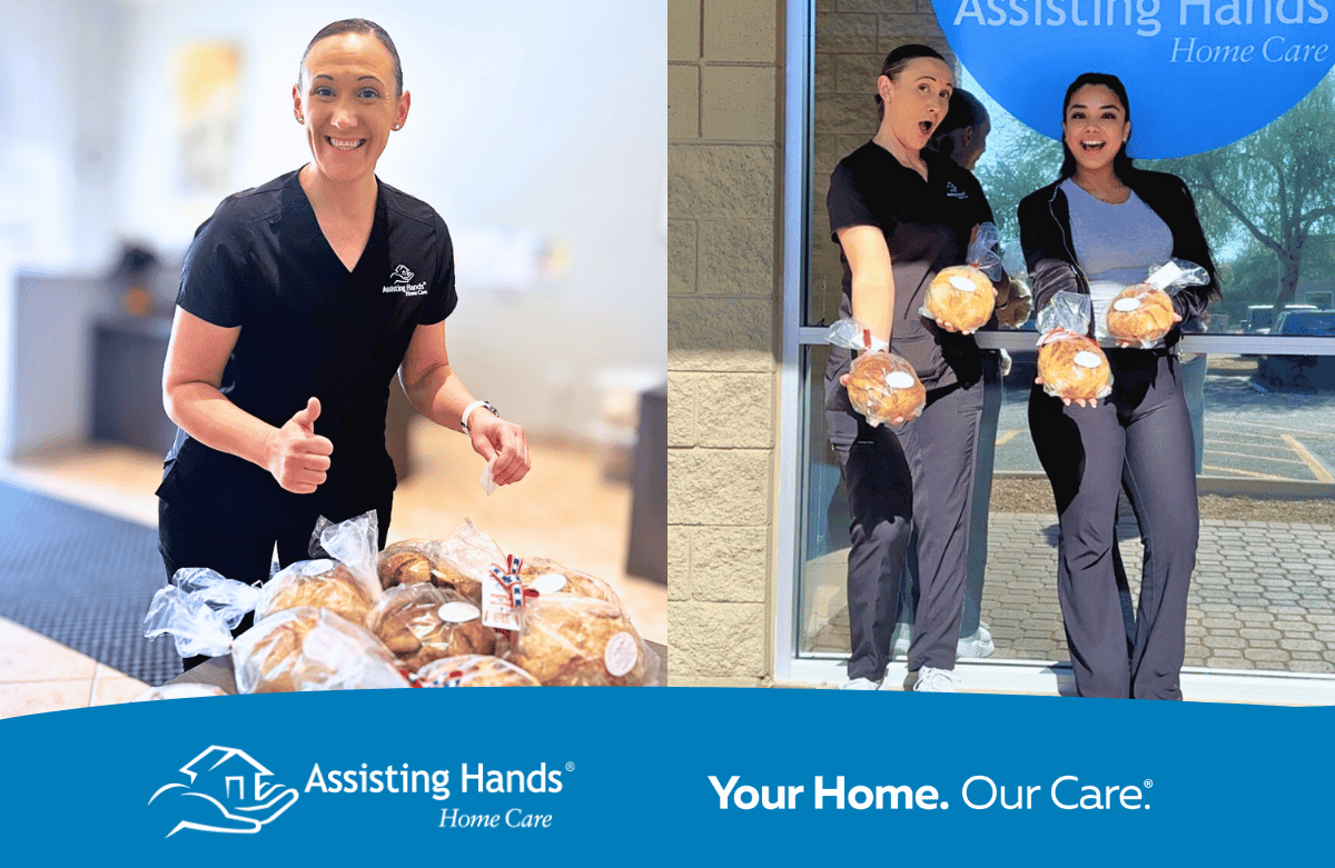 Feather and Jessica prepare sourdough loves to give to our Veteran clients for Veteran's Day - Assisting Hands Home Care Cave Creek