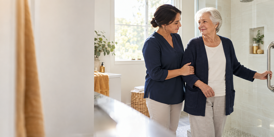 A caregiver supports an older woman beside a walk-in shower