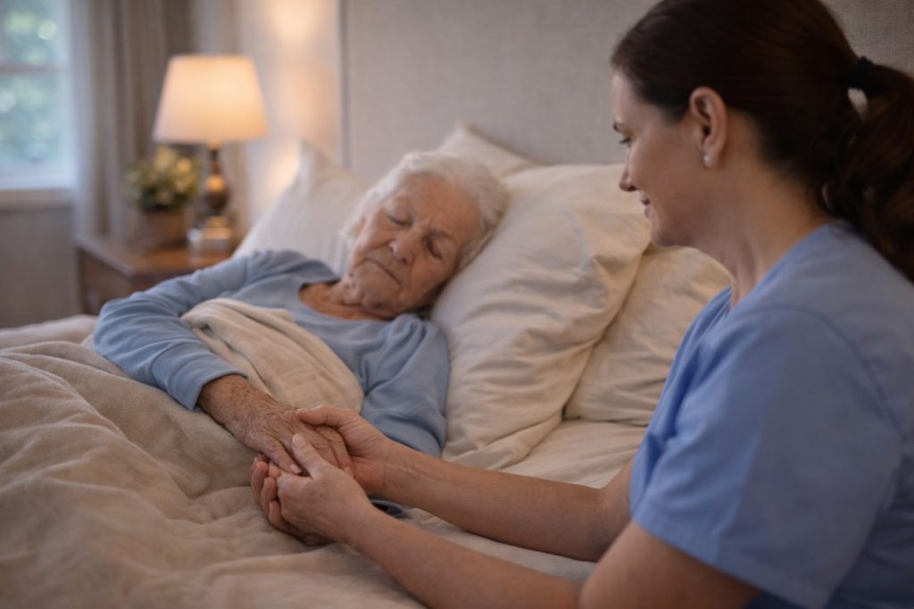 Caregiver gently comforting senior woman