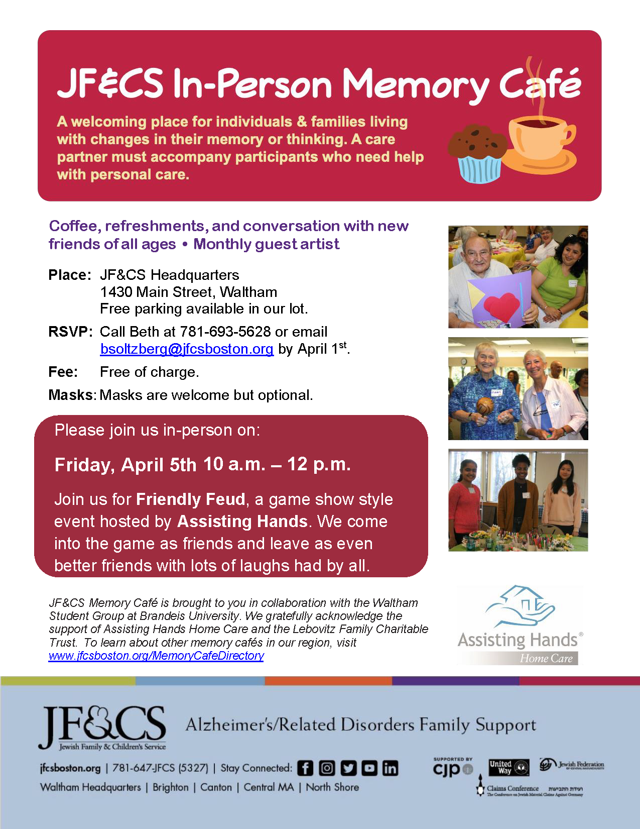 JF&CS Memory Cafe invitation for April 5, 2024