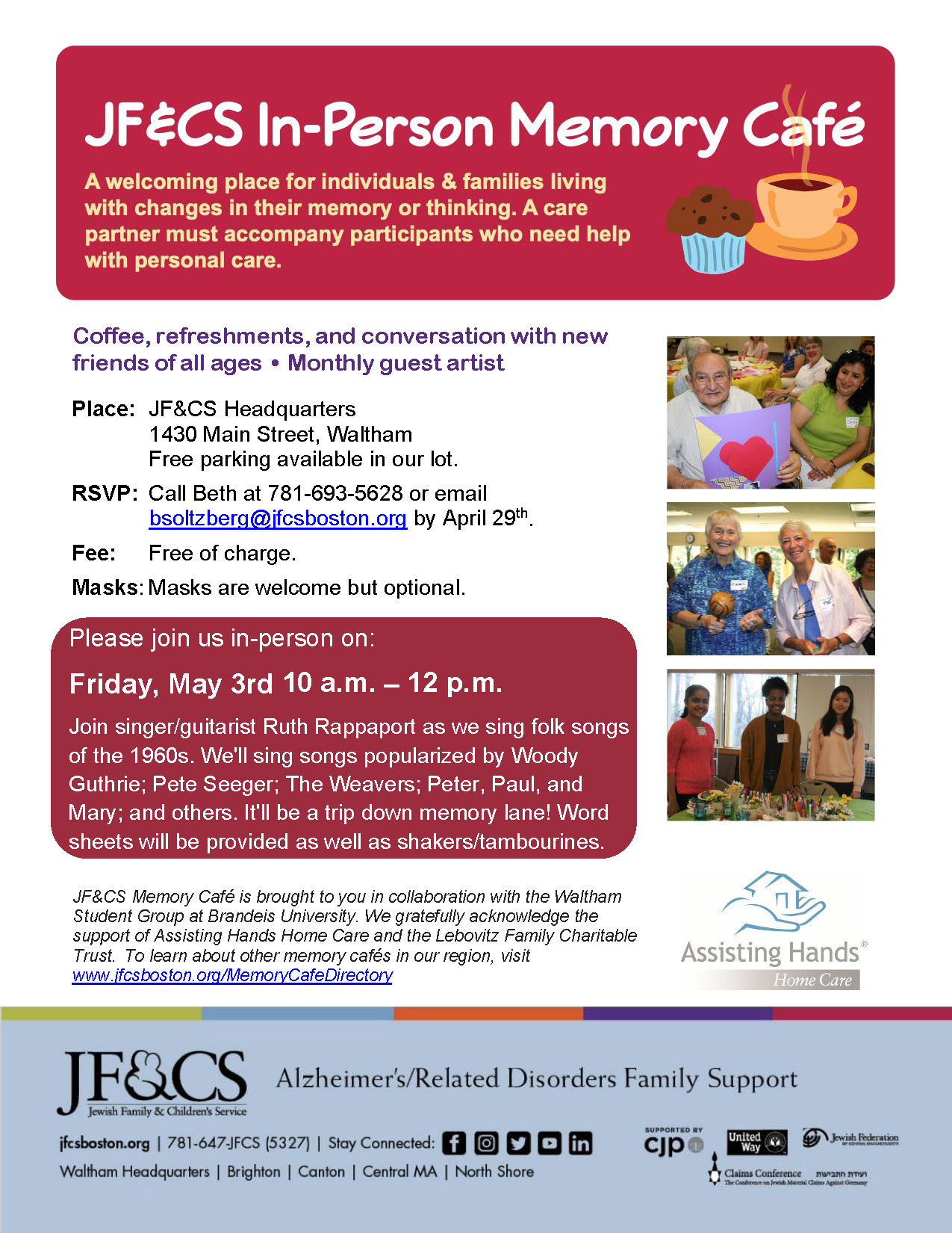 JF&CS Memory Cafe invitation for May 3, 2024