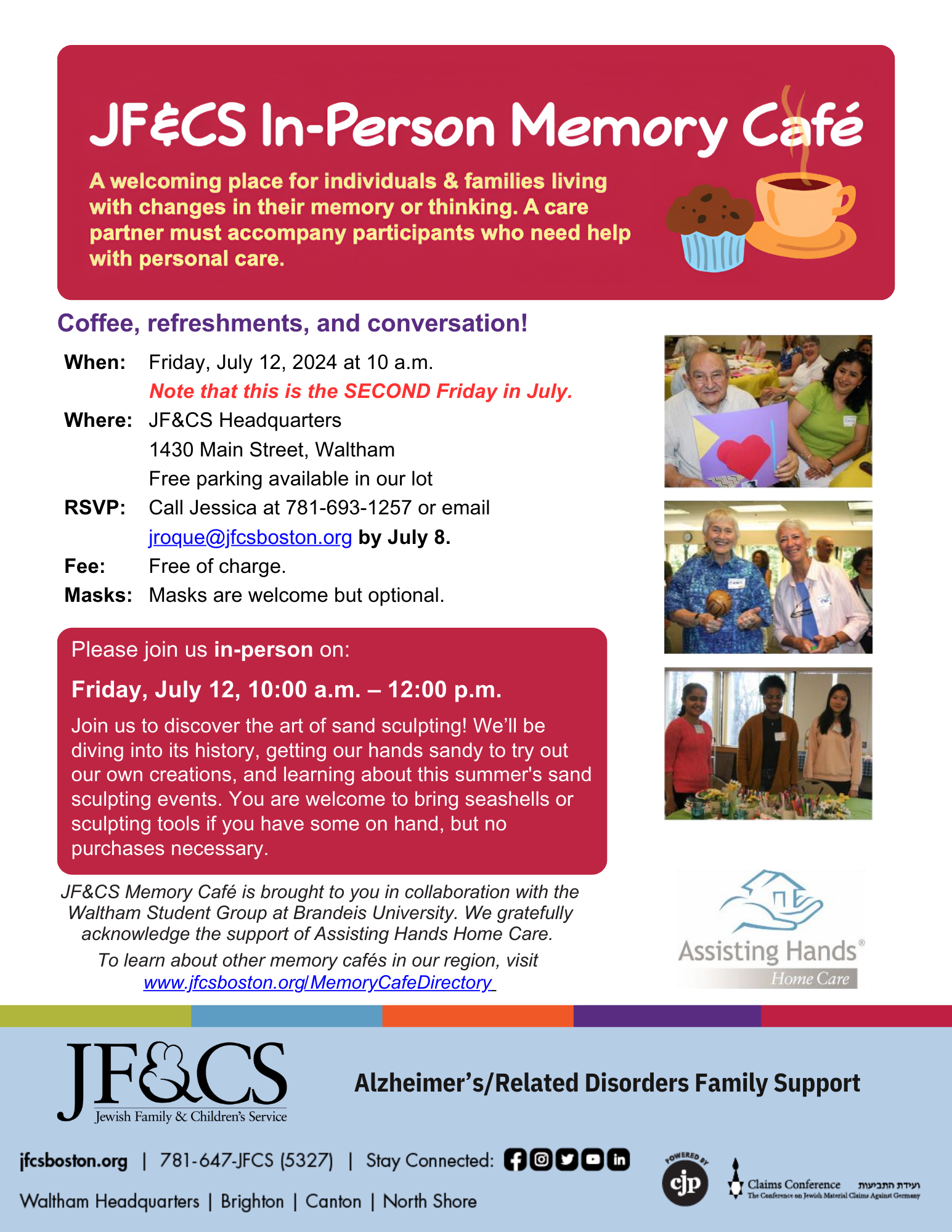 JF&CS Memory Cafe invitation for July, 2024