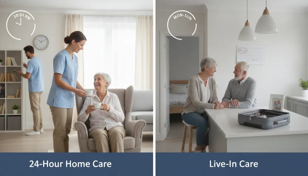 Caregivers assisting seniors at home: 24-hour home care vs. live-in care.