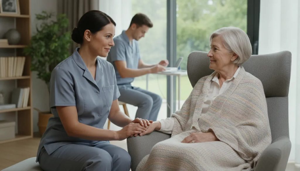 In-home caregiver holding an elderly woman's hand during hospice care.