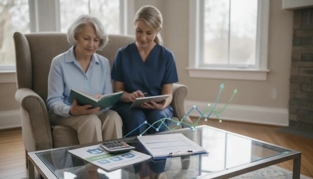 Senior woman and caregiver review in-home care costs with documents and a calculator.