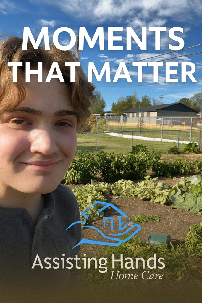 Caregiver Nathan helping his senior client garden in Weber County, Utah — one of the Moments That Matter at Assisting Hands Home Care.
