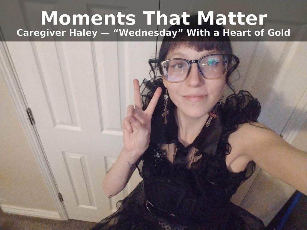 Caregiver Haley from Assisting Hands Davis wearing a Wednesday Addams costume, smiling and flashing a peace sign before Halloween home-care visits.