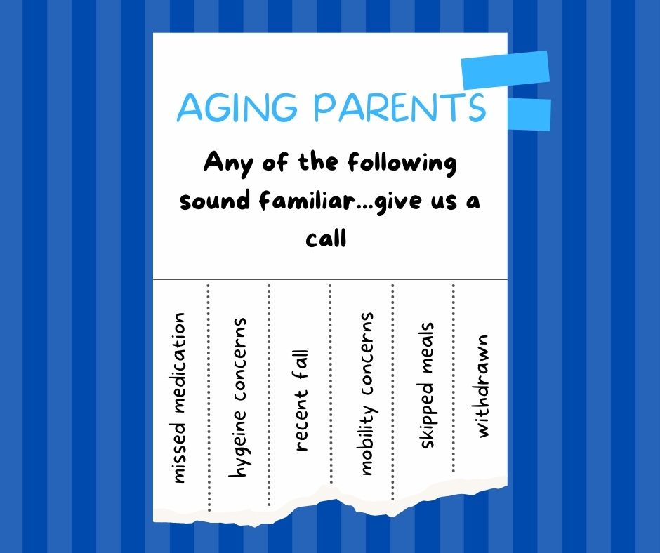 A graphic listing signs aging parents may need in-home care, including missed medication, falls, hygiene concerns, skipped meals, and withdrawal.