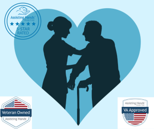 In-home caregiver assisting a senior with mobility support, representing compassionate home care and trusted senior care services in Davis and Weber County, Utah.