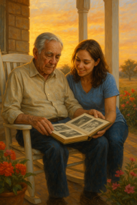 Daughter providing home care support her father with dementia at home in San Antonio, reviewing photos together