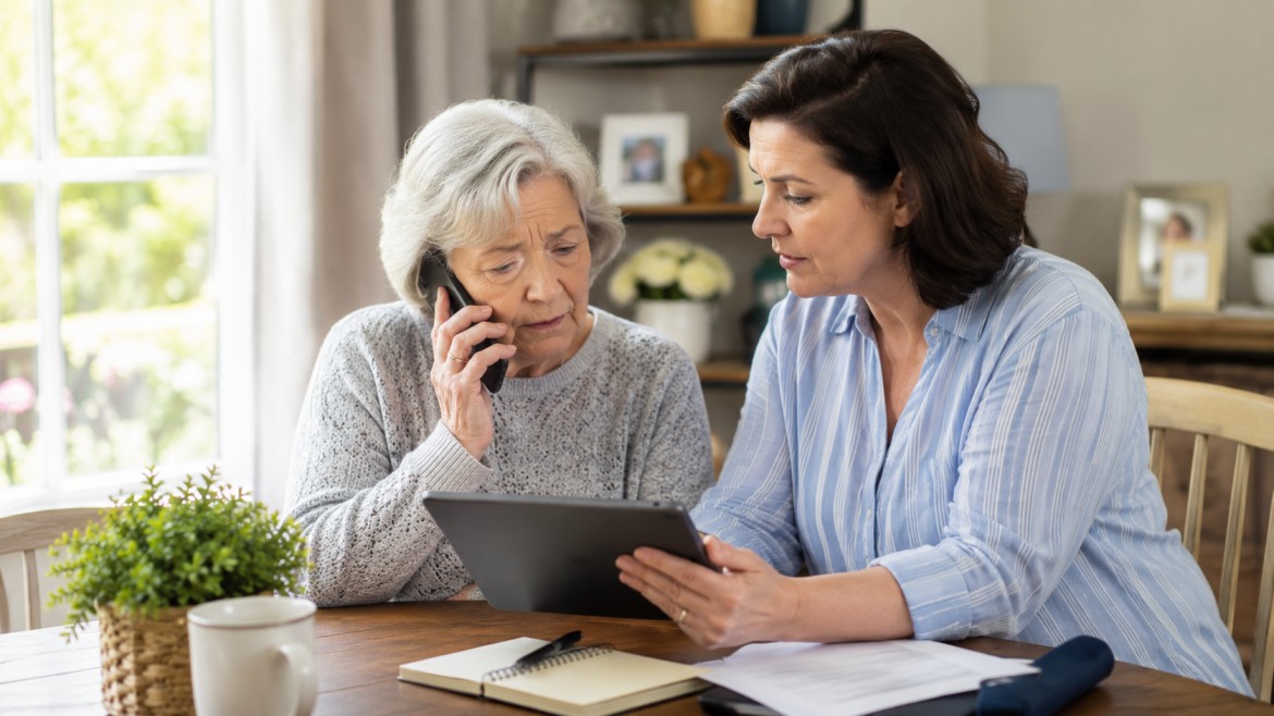 Older woman on a phone call reviewing information on a tablet with a family member