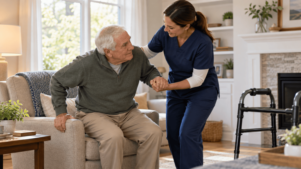 Caregiver helping an older adult safely stand from a chair at home