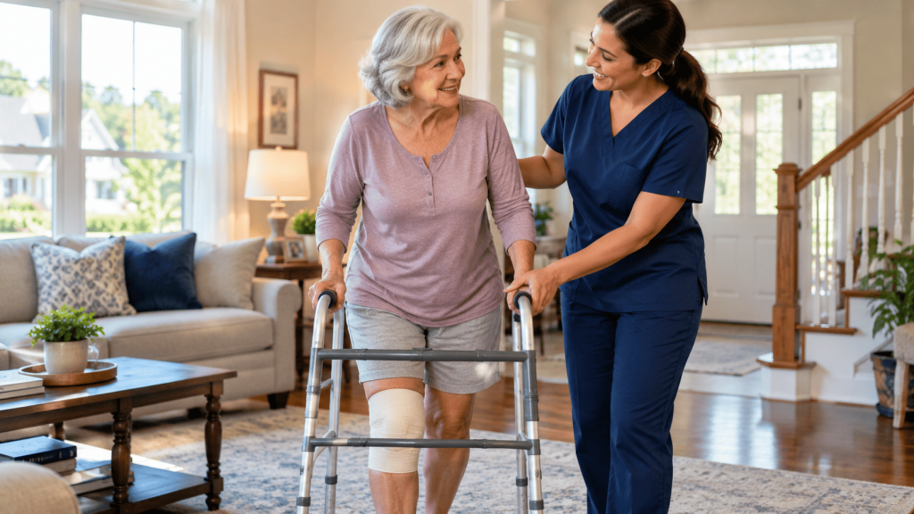 Caregiver supporting a senior recovering from knee replacement at home