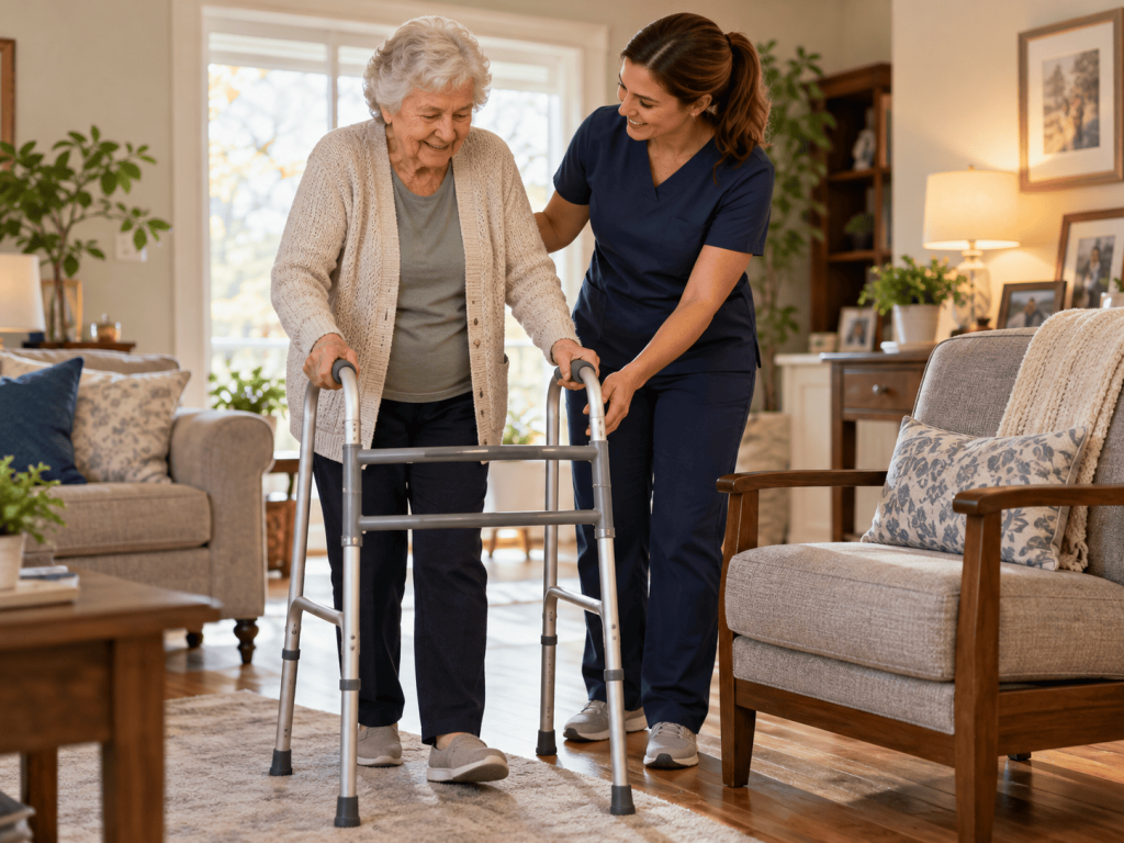 Older adult using a walker with caregiver support at home.