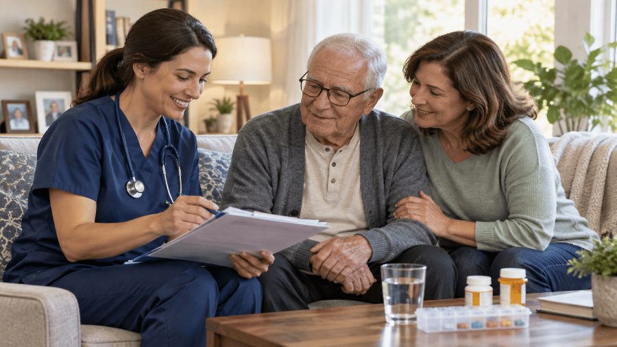 Senior man reviewing an after-hospital home care plan with a caregiver and family member in Manassas, VA