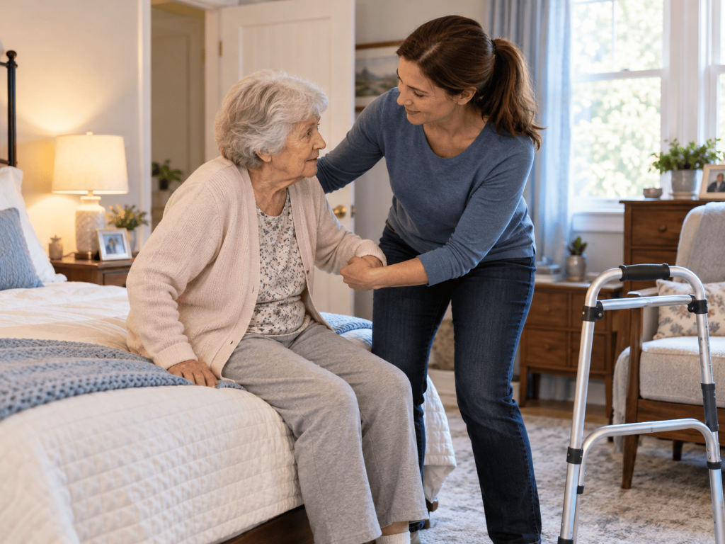 caregiver helping senior to get up from the bed