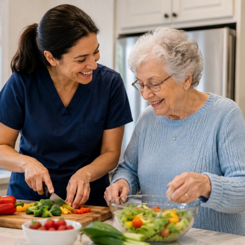 Caregiver and client preparing a meal together during in-home support for adults with disabilities in Manassas, VA
