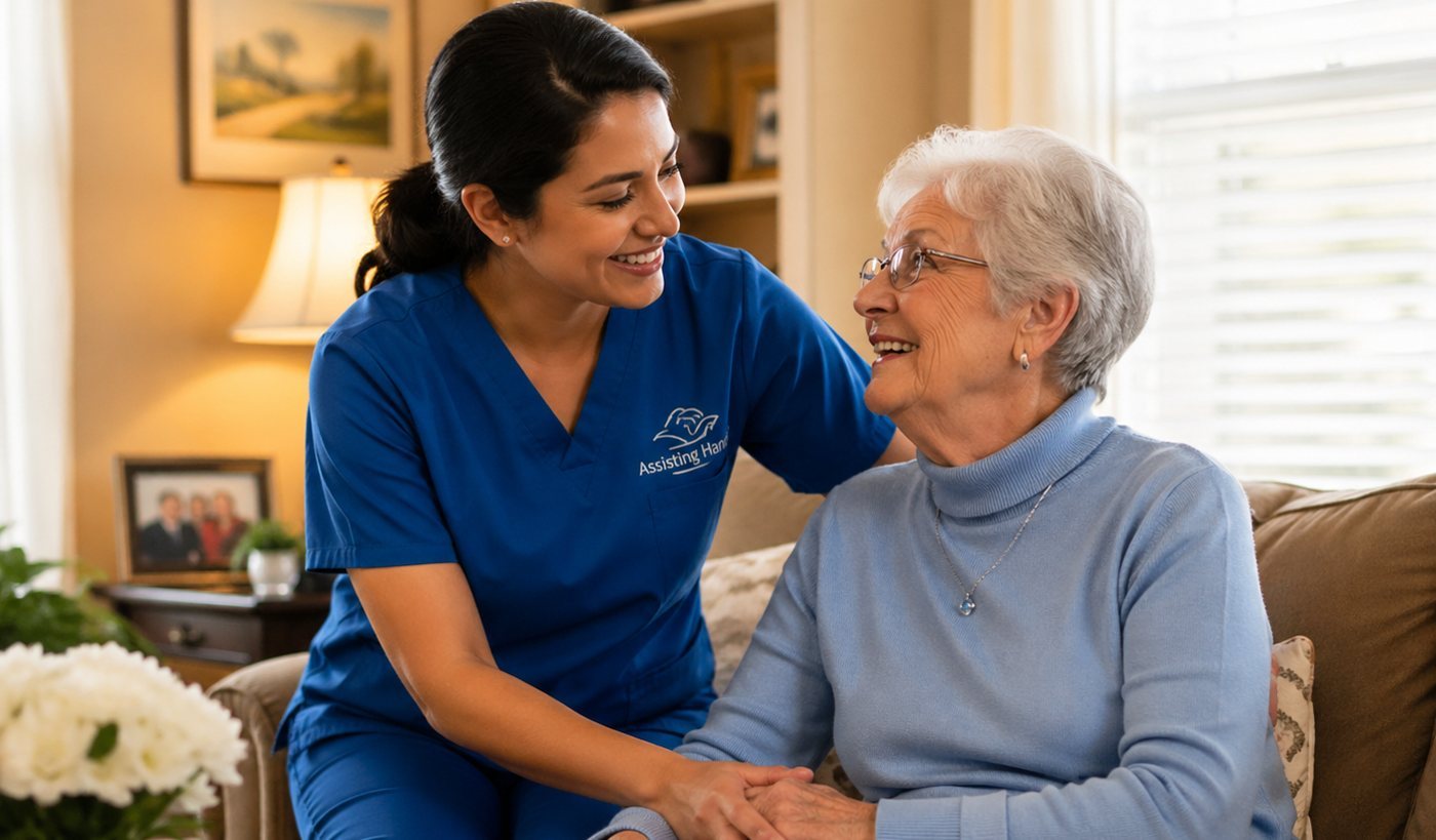 An Assisting Hands caregiver holding hands and smiling with an older woman at home in Lewisville, TX