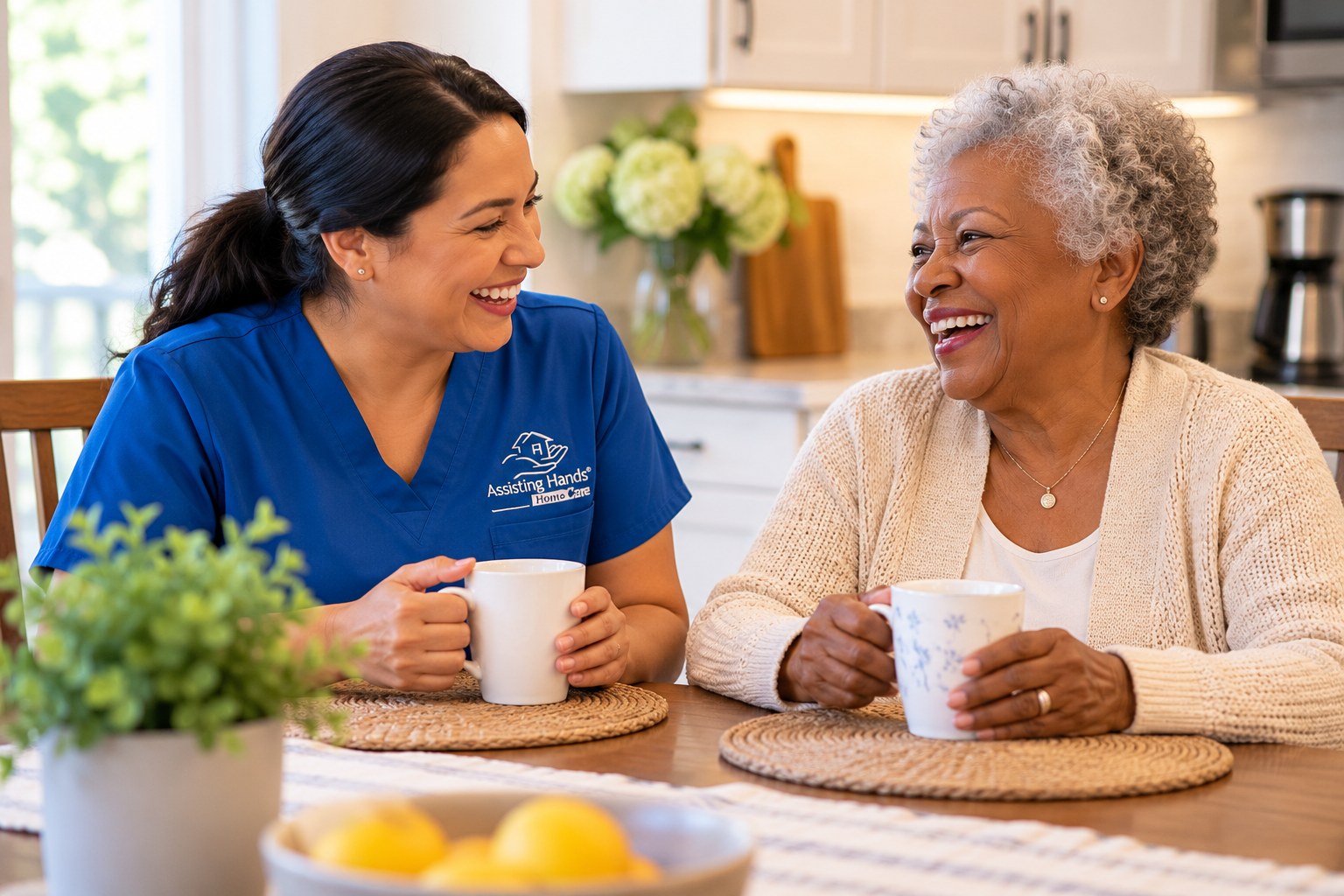 Caregiver and client enjoying coffee together