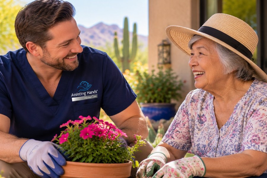 Caregiver and senior woman gardening together