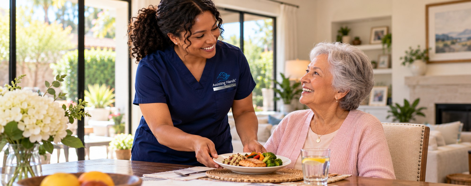 Caregiver serving a home-cooked meal to a senior woman