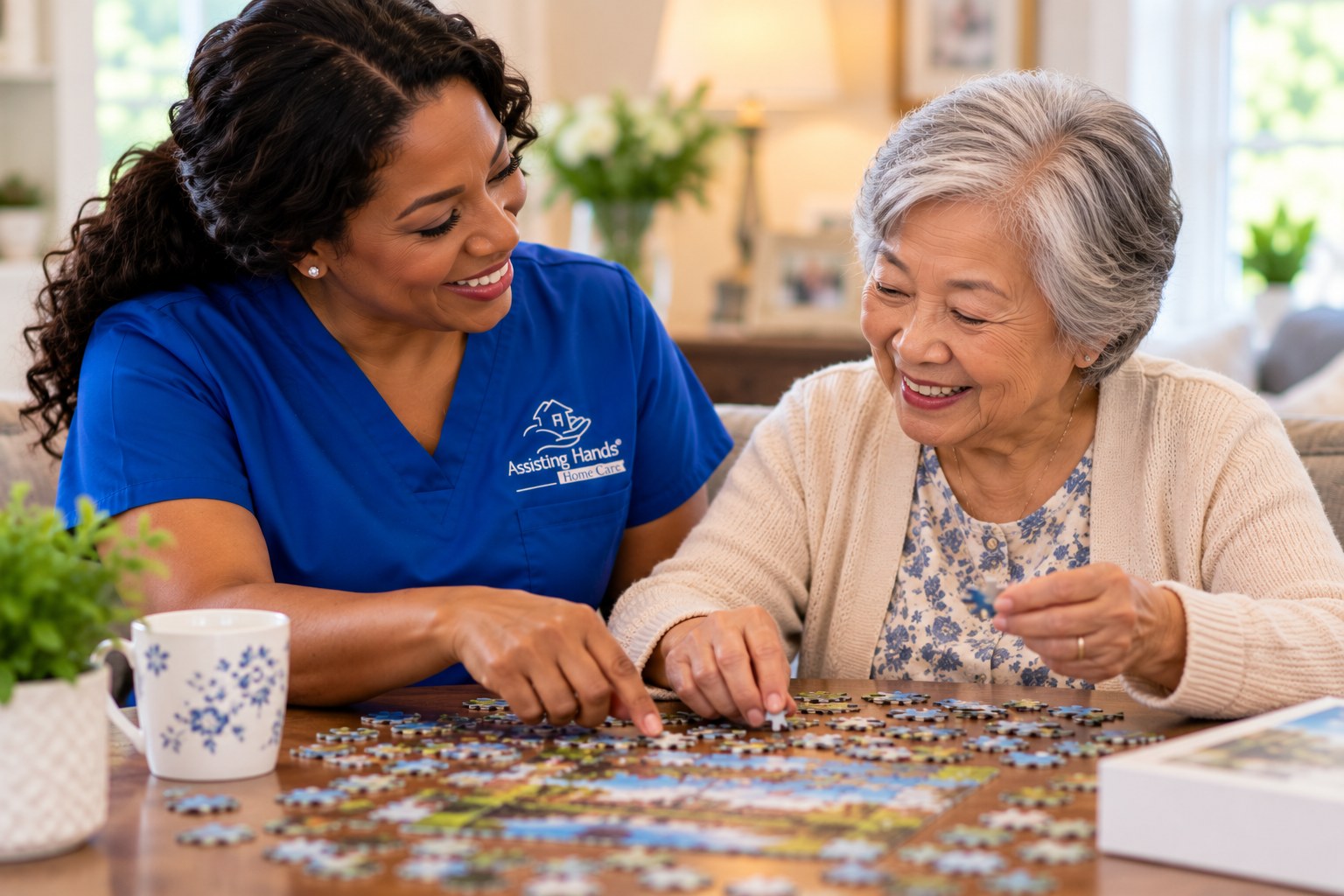 Caregiver doing a memory activity with a client