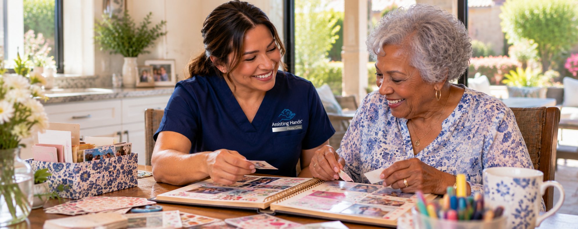 Caregiver doing a memory scrapbook activity with a senior