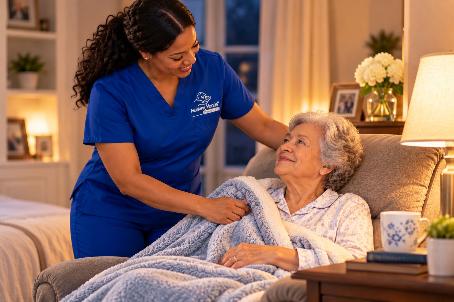 Overnight caregiver helping a senior settle in for the night