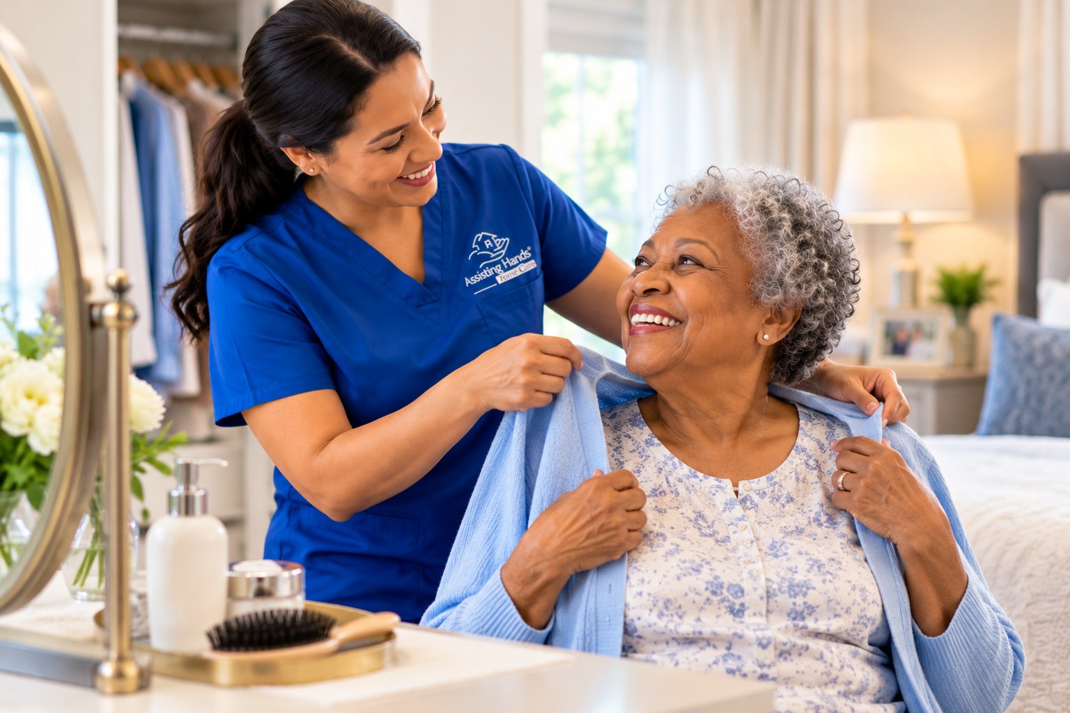 Caregiver helping a senior with grooming and dressing