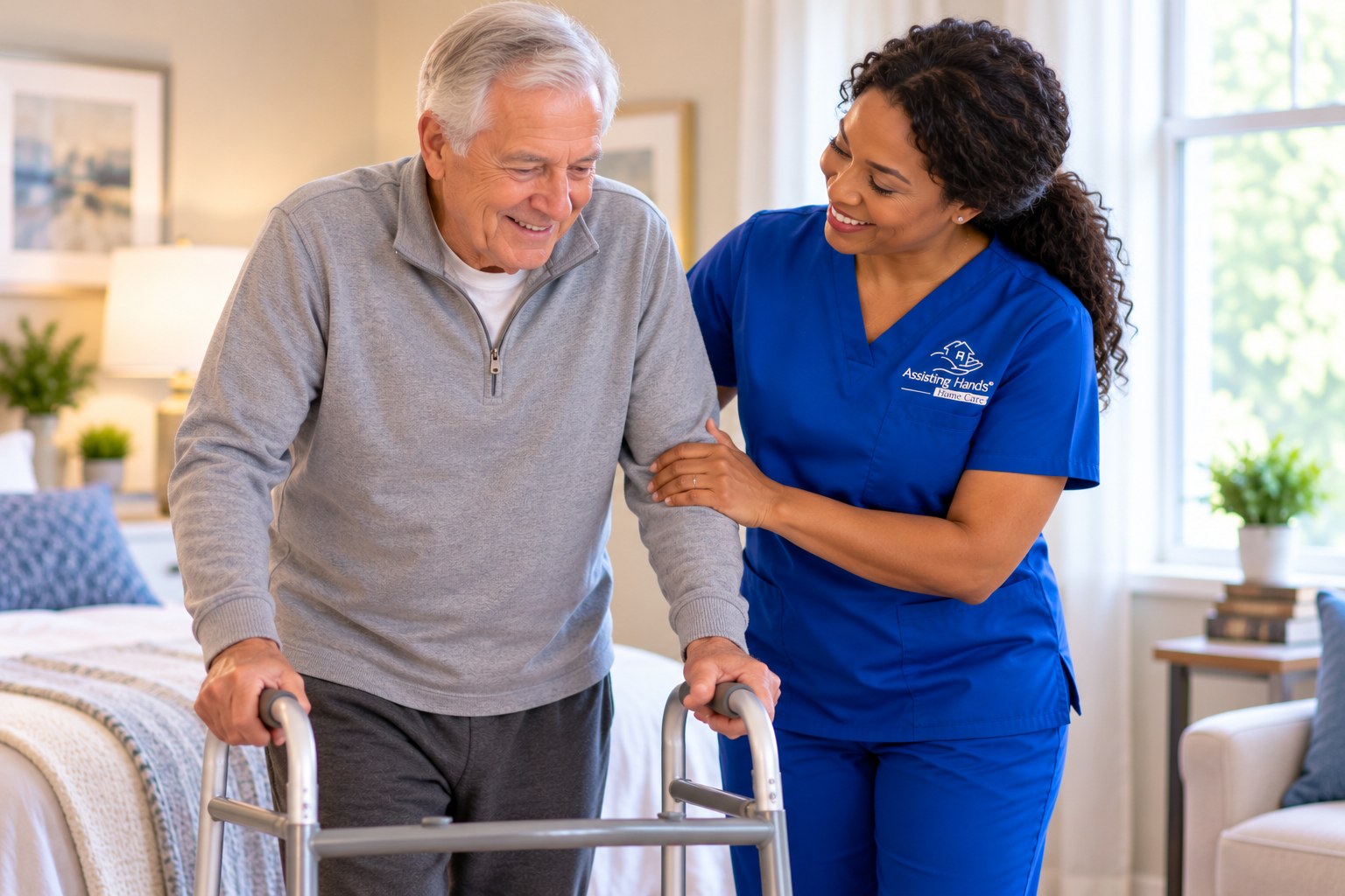 Caregiver helping a client recover after surgery