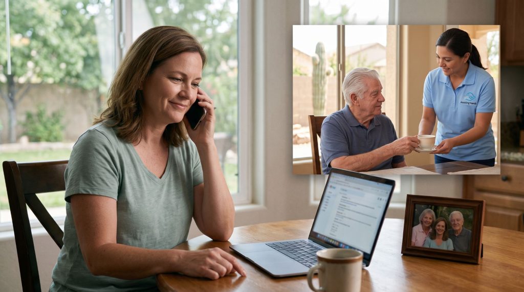 daughter checking in on dad and the caregiver long distance