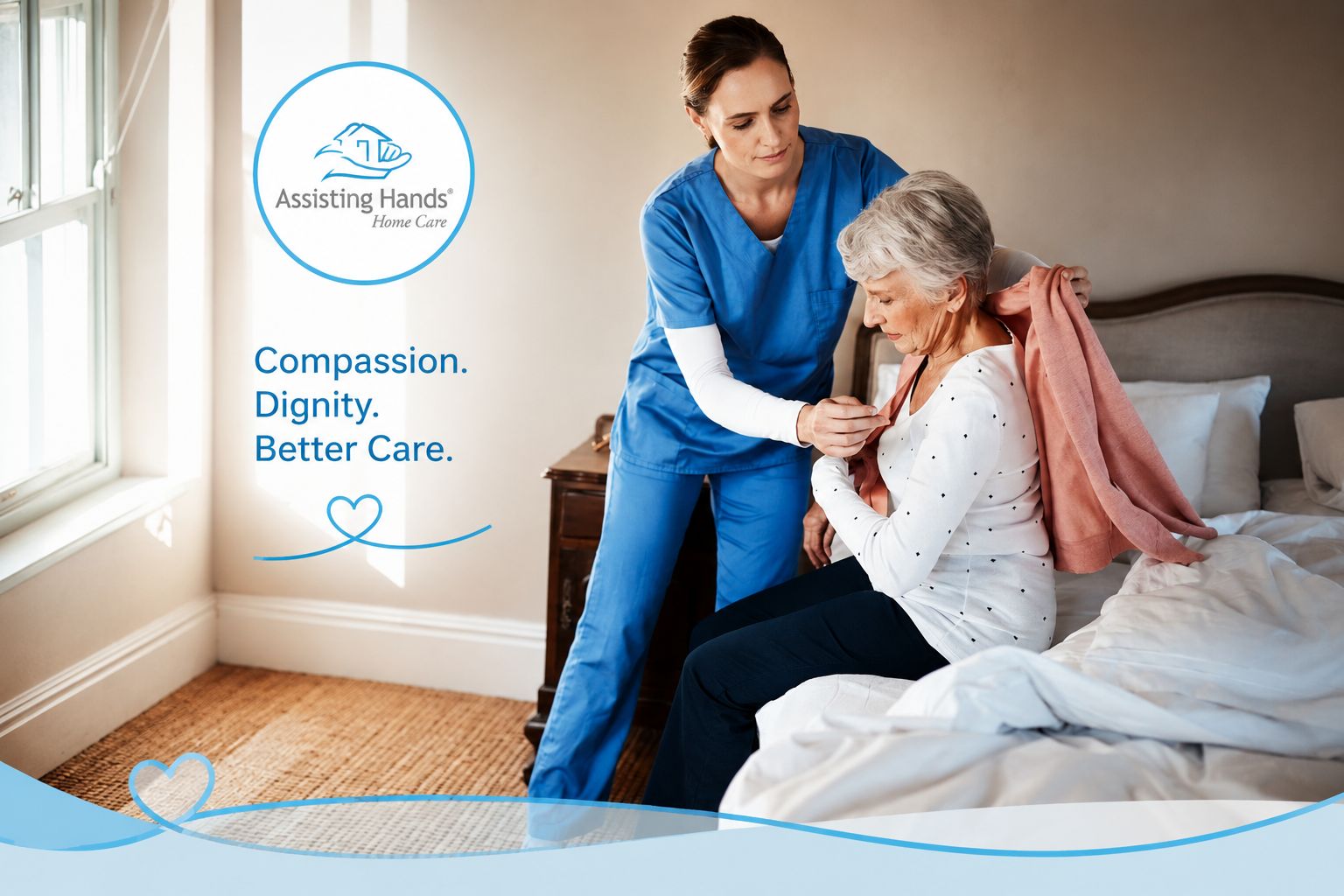 Assisting Hands Caregiver Dressing Senior Woman with Dementia at home as part of personal care