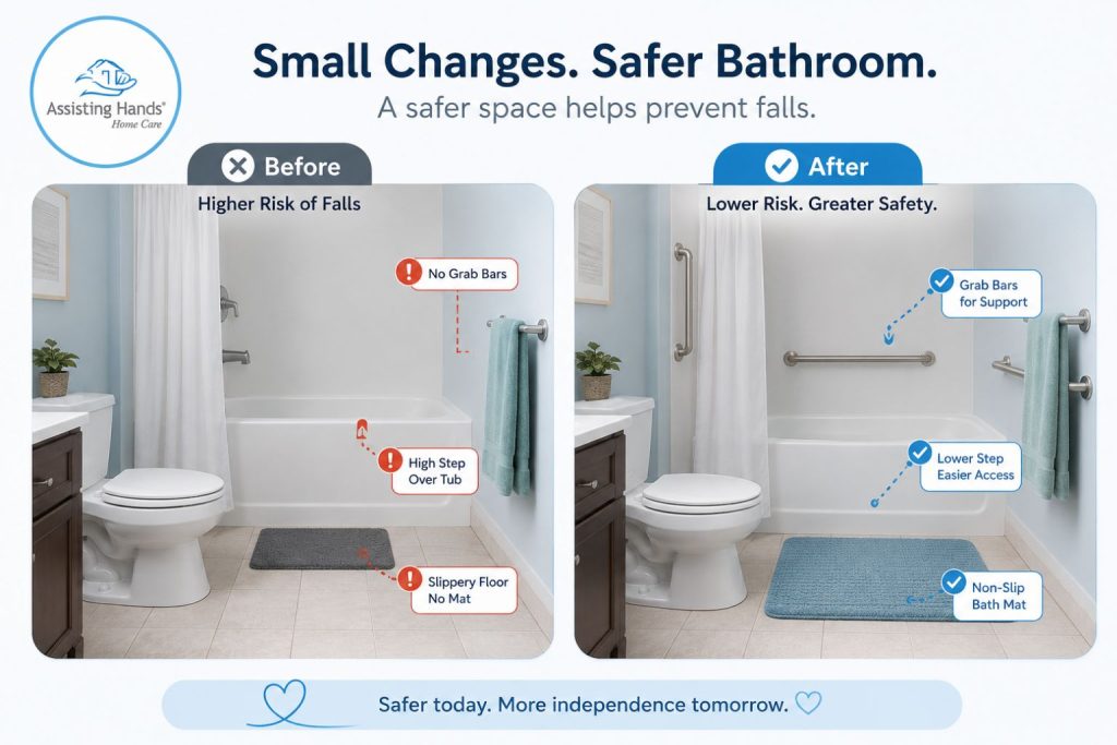 A Before vs After bathroom layout showing unsafe setup vs grab bar and mat placement