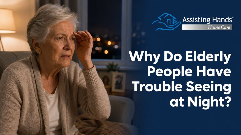 Senior woman squinting in a dimly lit room at night with Assisting Hands Home Care logo and blog title about elderly night vision problems.