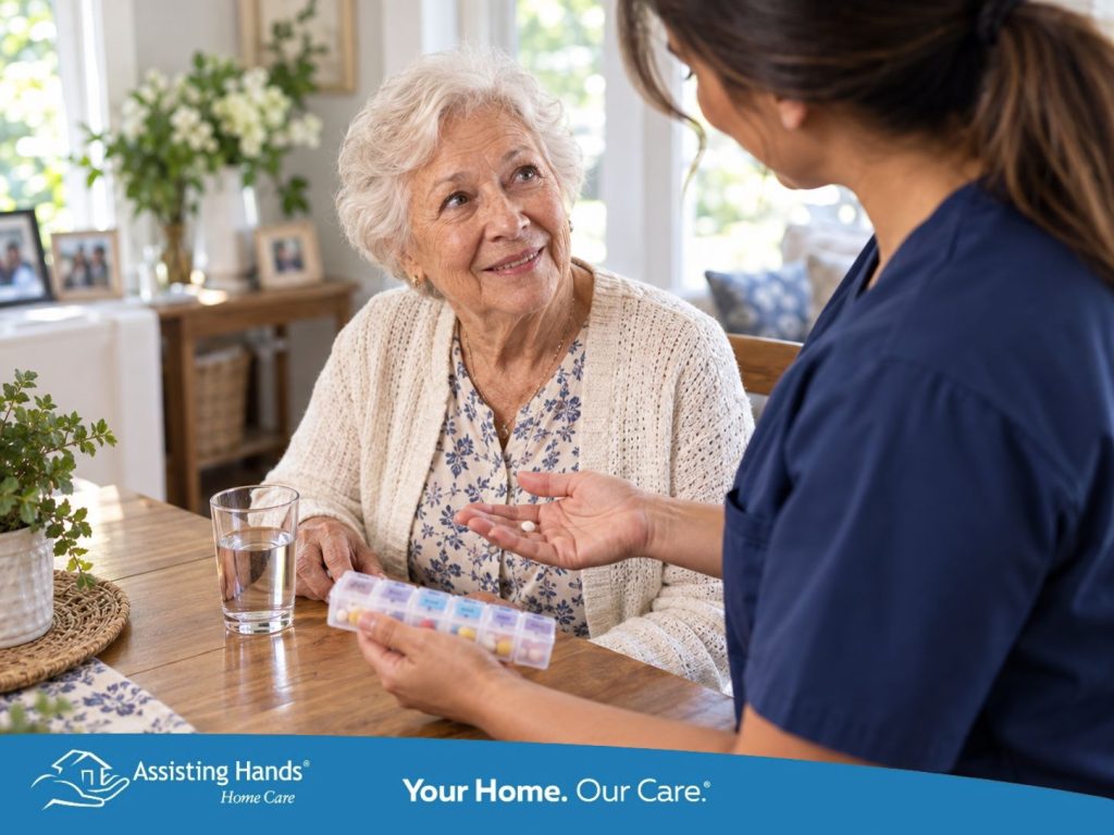caregiver reminding senior woman to take her medications