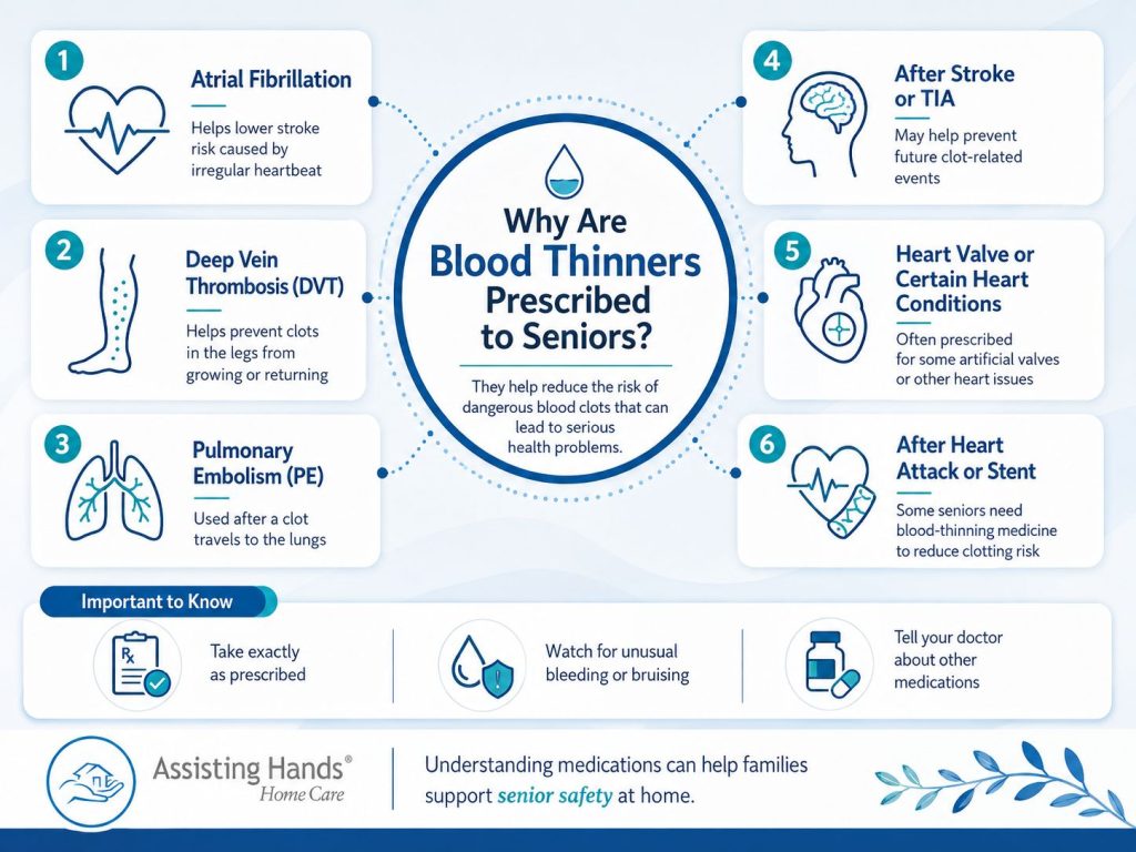 Infographic explaining common reasons blood thinners are prescribed to seniors and key medication safety tips.
