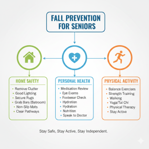 Fall Prevention for Seniors include Home Safety; Personal Health; and Physical Activity.