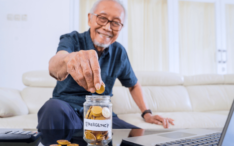 Old Man Savings Coins in Jar with Retirement Text