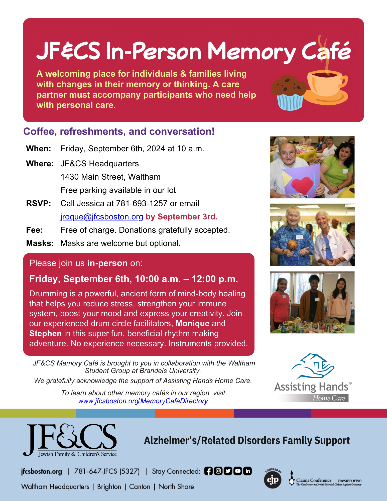 JF&CS Memory Cafe invitation for Sep 6, 2024