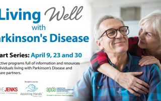 A graphic advertises Assisting Hands' Living Well With Parkinson's 3 part series.