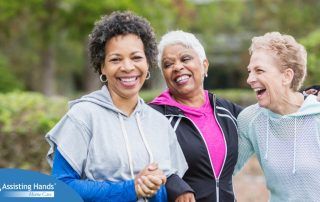 3 older women enjoy their time staying active together representing how a longer healthspan can help with staying active and engaged longer.