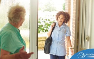 A caregiver comes in to see a client at home representing senior home care and the services offered.