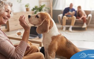 An older woman smiles while giving a dog a treat, representing the joy that dogs can bring.
