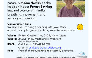 Assisting Hands Boston is pleased to invite you to our upcoming In Person Memory Café on Friday, October 3, 2025, from 10:00 a.m. to 12:00 p.m. at 1430 Main Street, Waltham.