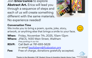 Flyer for the JF&CS Memory Café on November 7, 2025, featuring an abstract art session with Art Therapist Erica Curcio at 1430 Main Street, Waltham.