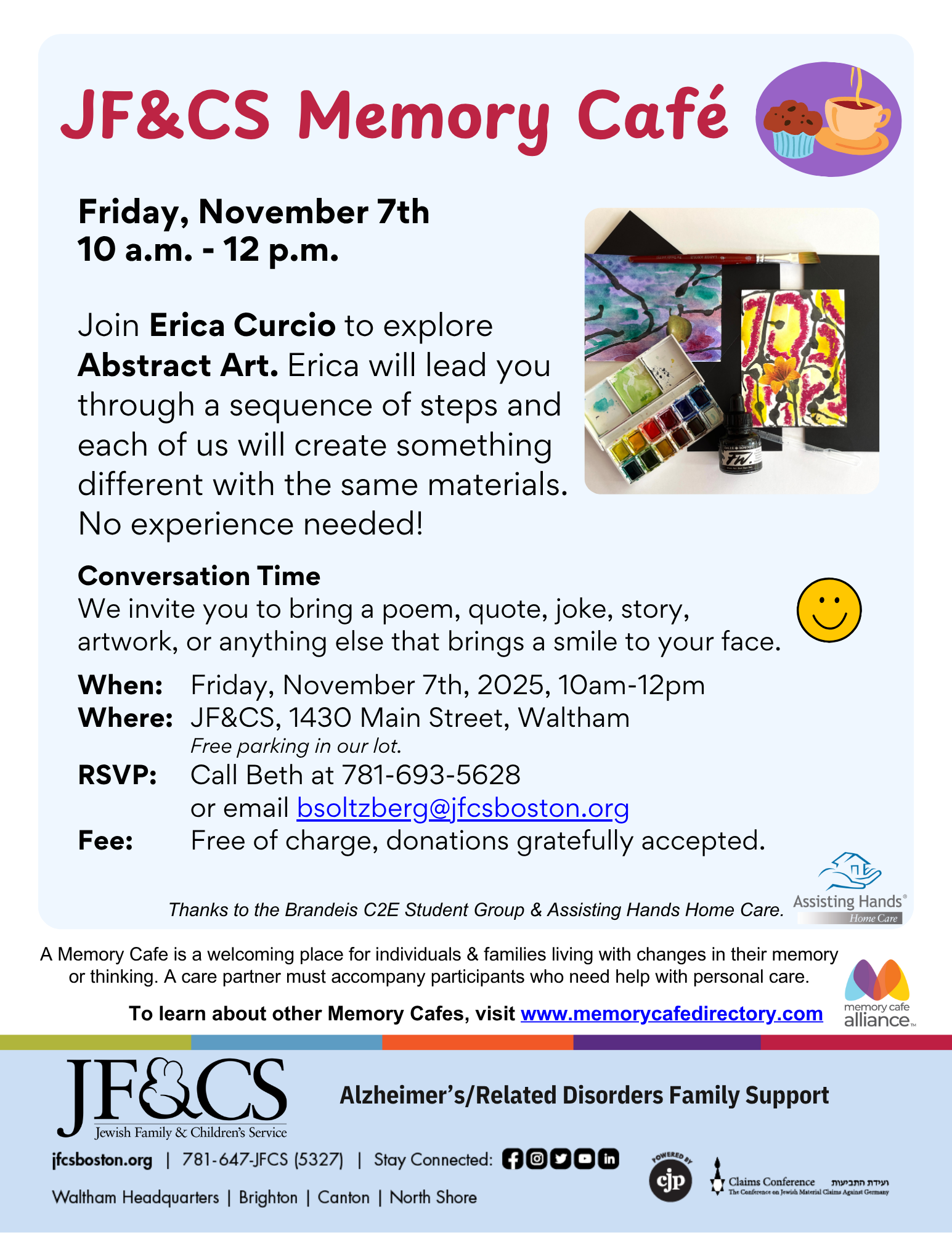 Flyer for the JF&CS Memory Café on November 7, 2025, featuring an abstract art session with Art Therapist Erica Curcio at 1430 Main Street, Waltham.