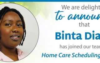 A professional announcement introducing Binta Diallo as the new Home Care Scheduling Specialist at Assisting Hands Home Care, featuring her photo and bio.