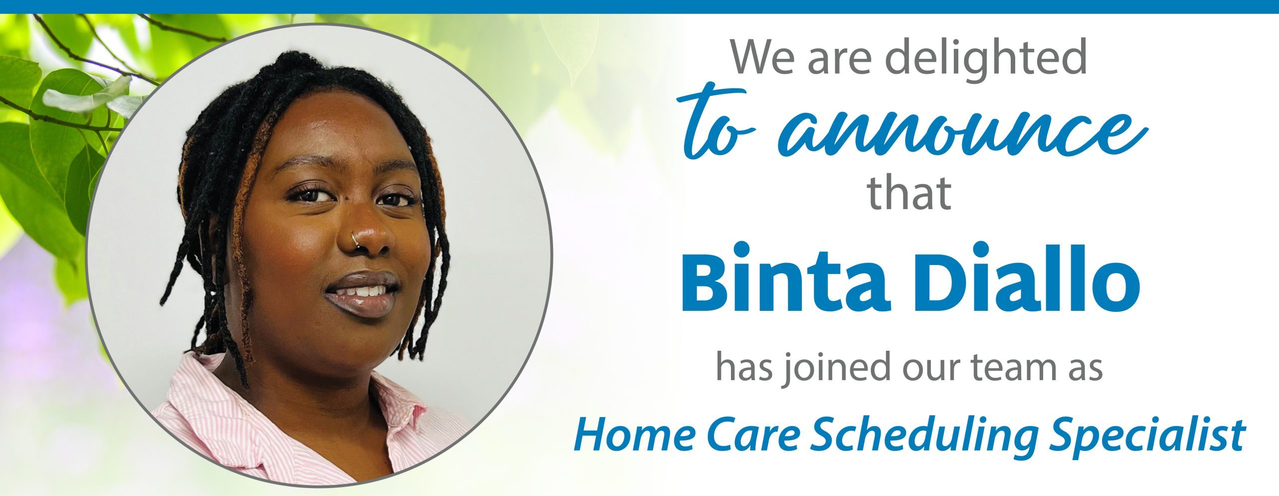 A professional announcement introducing Binta Diallo as the new Home Care Scheduling Specialist at Assisting Hands Home Care, featuring her photo and bio.