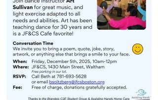 Flyer for the JF&CS Memory Café on December 5, 2025, featuring a Dance and Light Fitness Session with Art Sullivan at 1430 Main Street, Waltham.