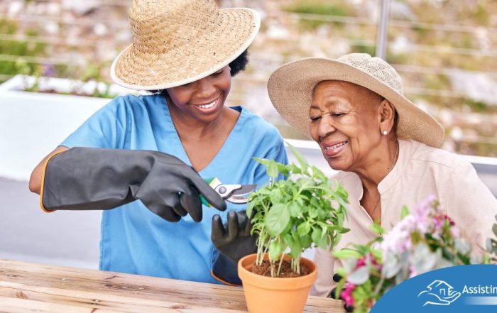Caregiver and Senior gardening as part of companion care activities.